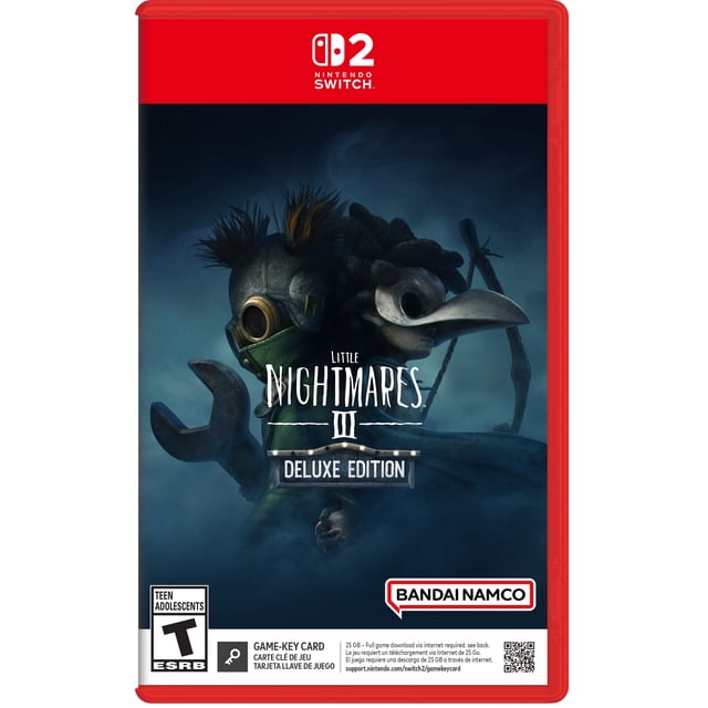 Little Nightmares III Deluxe Edition Nintendo Switch 2 game cover showing two characters back-to-back in a dark misty setting; one character wears a green outfit with goggles and holds a large wrench, the other wears a white bird-like mask with braided hair, featuring the Bandai Namco logo and Teen ESRB rating.