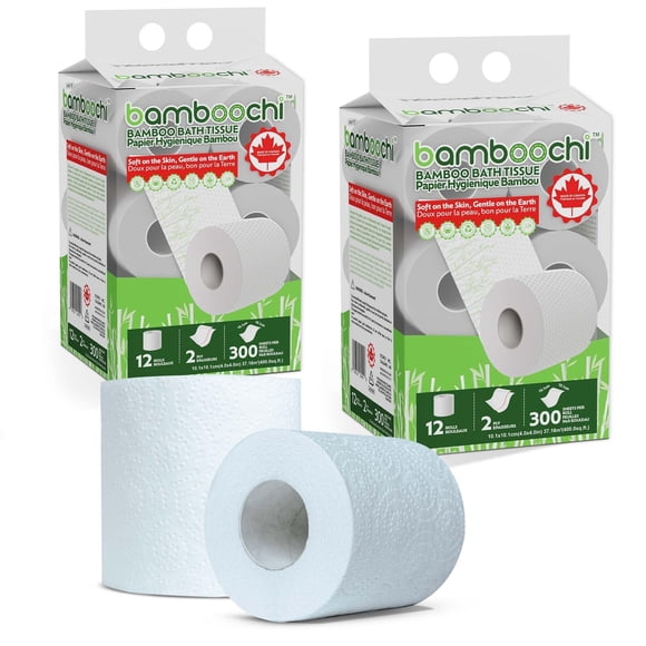 Bamboochi Bamboo Toilet Paper, Septic Safe Toilet Paper 2 Ply 24 Rolls 300 Sheets Per Roll, Soft Unscented Bath Tissue, RV Safe, Eco-Friend