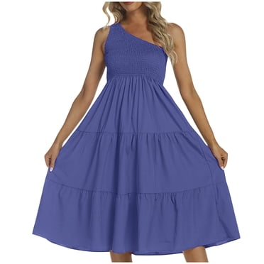 Pisexur Robe Sans Manches à Col Asymétrique Robe d'Été pour Dames Fraîche et Douce à Col en V Robe de Couleur Unie Robe pour Femmes en Liquidation
