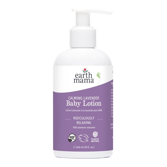 Earth Mama Calming Lavender Baby Lotion 240ml in a white pump bottle with a purple label, certified organic and plastic neutral, formulated to soothe and moisturize dry baby skin with organic lavender and vanilla, safe for newborns and adults.