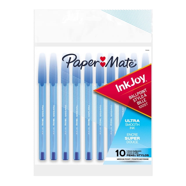 Paper Mate InkJoy Stylos à Bille 100e, Pointe Moyenne 1,0 mm, Encre Bleue, Lot de 10 avec Barils et Capuchons Bleus Translucides, avec Encre Ultra Lisse pour une Écriture Propre et Rapide, Affichés dans un Emballage Transparent avec accents de Marque Rouges et Bleus, Convient pour le Bureau et l'École.