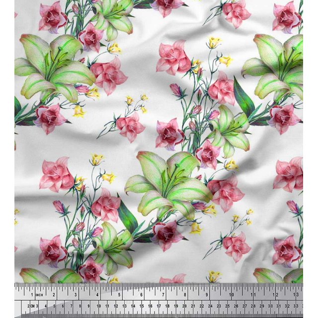 Soimoi Silk Fabric Leaves & Lily Flower Decor Fabric Printed Yard 42 Inch Wide