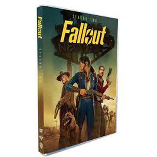 Fallout Season 2 (DVD) - English Only. The DVD cover showcases characters from the post-apocalyptic series, including a woman in a blue jumpsuit holding a weapon, accompanied by other survivors and a dog, with a wasteland backdrop featuring a broken sign. This DVD contains all episodes of Season 2, presented in English, and is perfect for sci-fi and post-apocalyptic drama enthusiasts.
