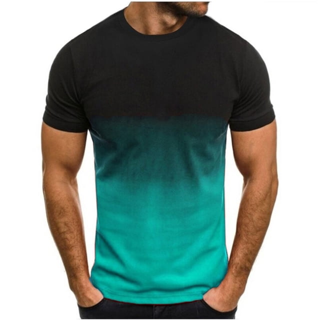 Mens Slim T-Shirt Contrast Color Tee Gradient Short-Sleeve Summer Tops Crewneck Casual Shirts Workout Tshirts