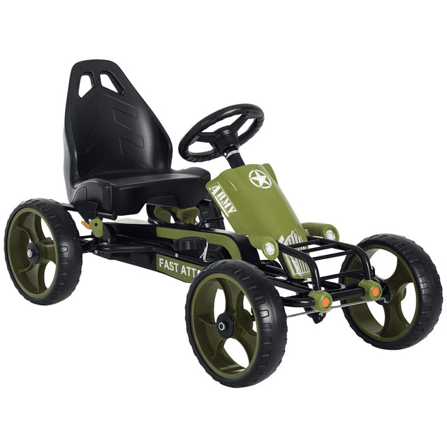 Aosom Ride-on Pedal Go Kart with Adjustable Seat and Hand Brake in green, built with a durable steel and plastic frame, ergonomic adjustable seat, and EVA tires for smooth rides on various surfaces. Ideal for children aged 3 to 6 years, with a weight capacity of 77 lbs (35 kg). Perfect for outdoor play and pedal car enthusiasts.