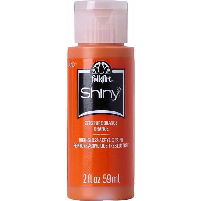 Folkart Shiny Acrylic Paint Pure Orange in a 2 fl oz (59 ml) bottle with a high-gloss finish, featuring bright orange color and a white flip-top cap, ideal for craft paint and art supplies projects on wood, canvas, tin, and terra cotta.