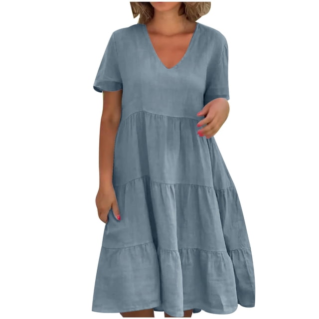 Yuyuzo Robe d'Été pour Femme Décontractée à Manches Courtes, Robe Midi à Col en V, Smockée, à Volants, Ligne A, Robe Soleil