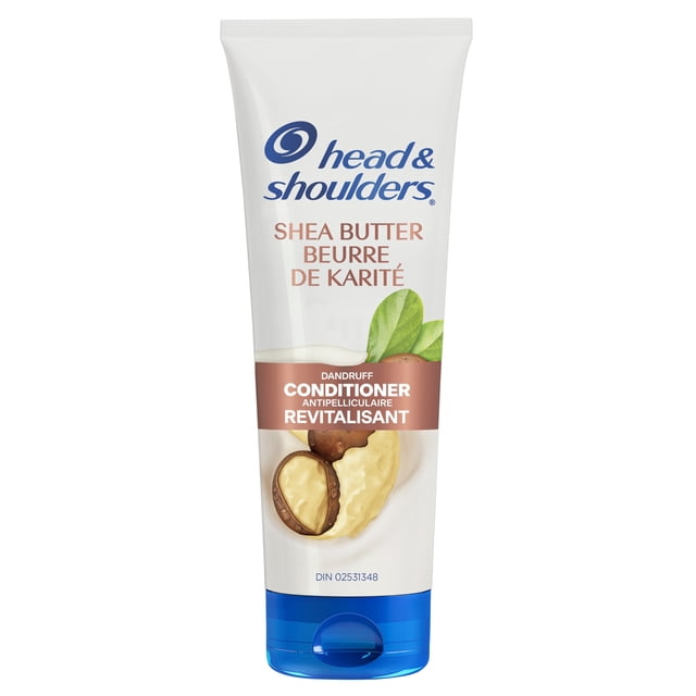 Head & Shoulders Shea Butter Anti-Dandruff Conditioner in a white squeeze tube with blue flip cap, featuring shea nuts and green leaves illustration, bilingual English and French text highlighting dandruff control and revitalizing properties.
