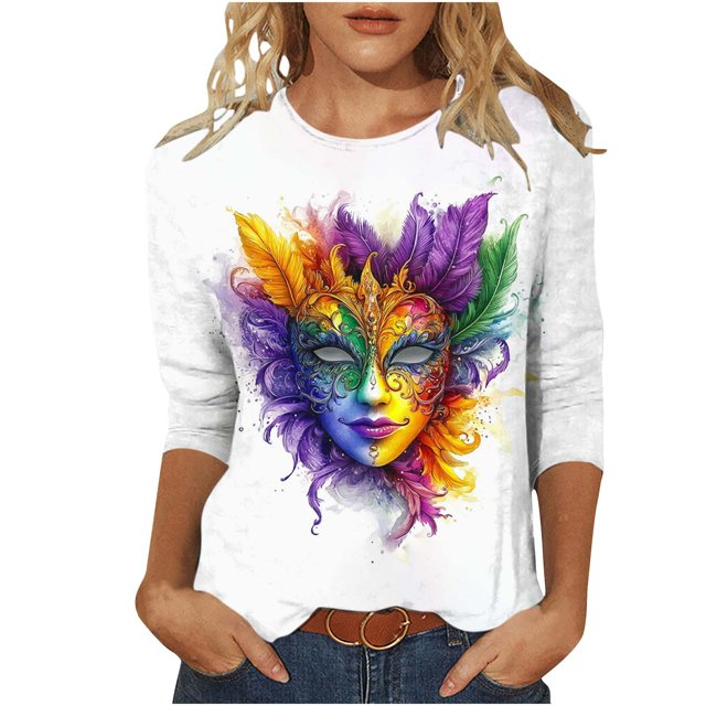 Penkiiy Blouse de Carnaval pour Femme Mardi Gras Mode Imprimé Décontracté Col Rond Manches 3/4 T-shirt Blouse TG Multicolore