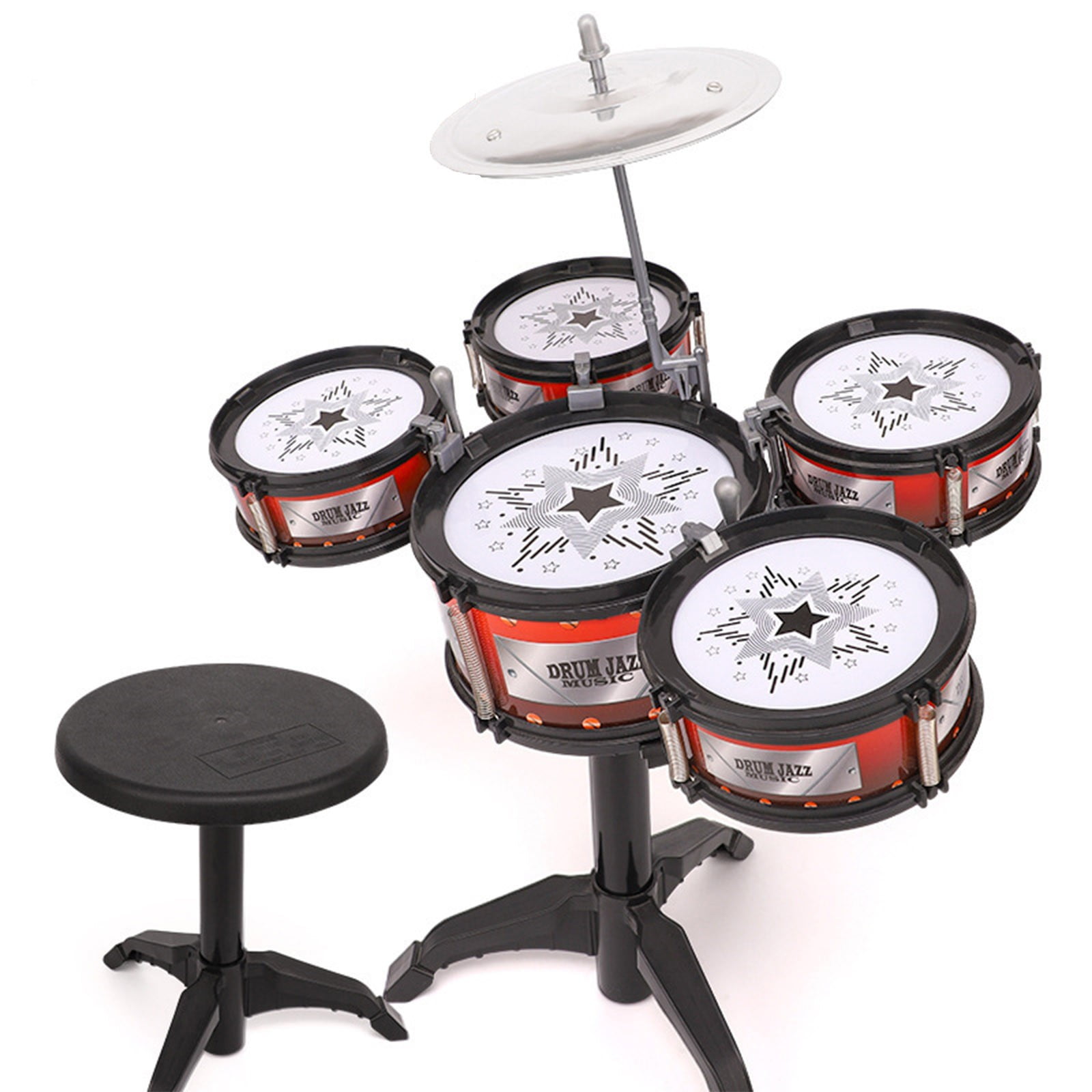 Kit De Batterie Pour Enfants – 5 Tambours, 2 Baguettes Et Tabouret – Rose, Dès 3-6 Ans, Pour éveil Musical Et Coordination