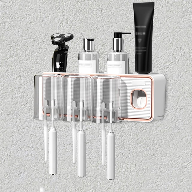 LSLJS Toothbrush Holders for Bathrooms, Toothbrush Holder Wall Mounted with Toothpaste Dispenser,With Toothbrush Cup,Tray Bathroom Toothbrush Toothpaste Dispenser, Toothbrush Holder