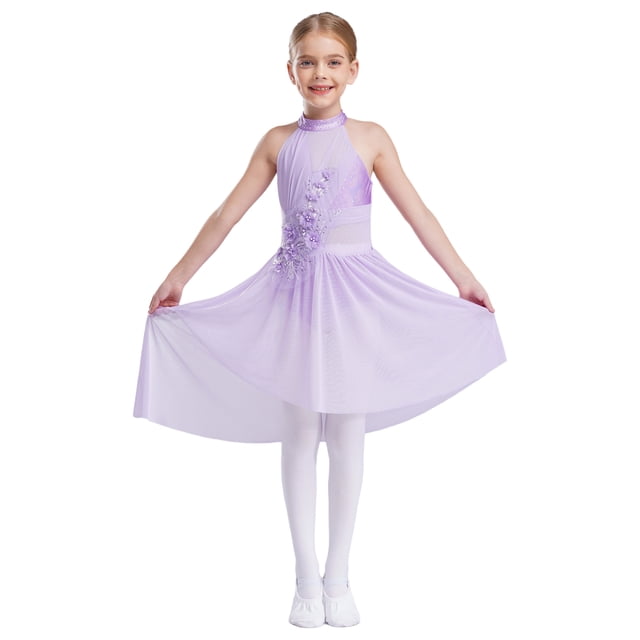 Yhong Robe de Danse Ballet Sans Manches pour Filles Irrégulière avec Strass Brillants Performance Violet Clair 8