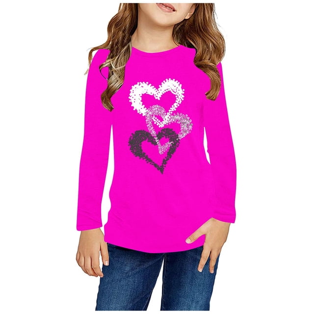 RXIRUCGD Chemises à Manches Longues pour Filles, Col Rond Mignon, Blouses Décontractées Élégantes (Rose Vif, Taille : 13 Ans)
