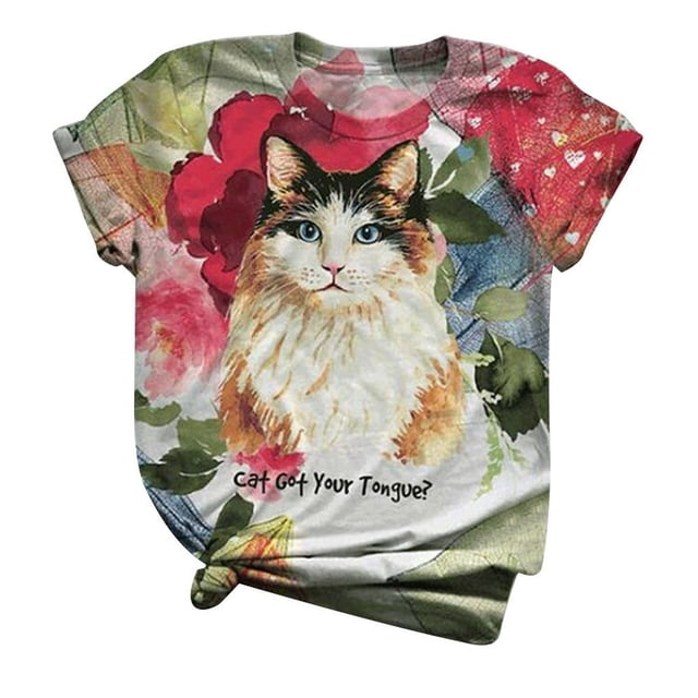 Grande Taille Femme Manches Courtes Imprimé 3D Kitty Cat Col Rond Hauts Tee T-Shirt Blouse