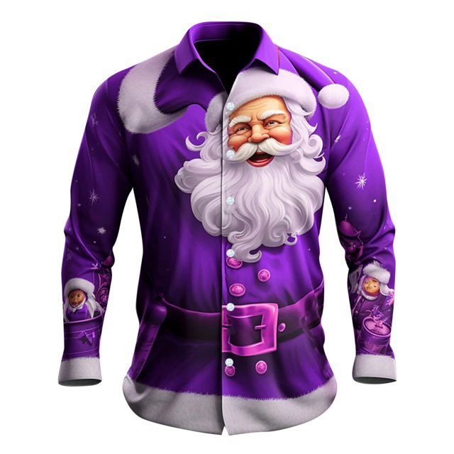Kcodviy Mens Christmas Santa Digital Mesh Sleeve 3D Printed Button Lapel Shirt with Button Long Sleeve Shirt Top
