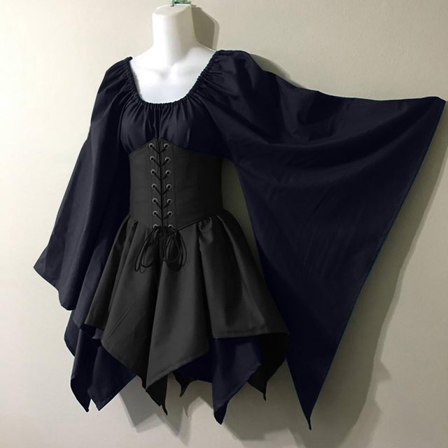 Gspmoly Robe pour Femmes, Costumes pour Femmes Gothiques à Manches Longues, Robes Corset à Manches Longues, Robe à Col Rond Longueur Genou, Robes de Soirée pour Femmes, Cadeaux de Vacances