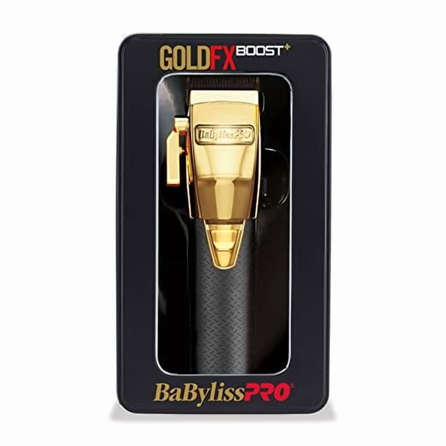 BaBylissPRO GOLDFX Boost+ Metal Lithium Clipper displayed in its packaging. The clipper features a gold metallic finish, diamond-textured rubber handle, and DLC blade. It is equipped with a high-torque brushless motor (6800RPM), dual voltage, and cord/cordless functionality. Includes 8 comb attachments. Branding and product details are visible on the box.