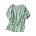 thumbnail image 1 of cfhntfmh Chemises en Lin pour Femmes Coton Mode Manches Courtes T-Shirts Ajourés Décontractés Broderie Col Rond Blouses Hauts, 1 of 3