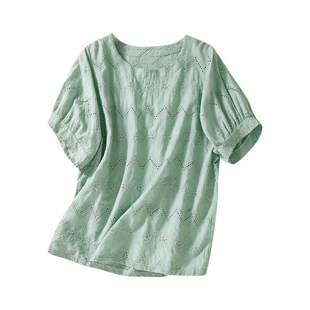 cfhntfmh Chemises en Lin pour Femmes Coton Mode Manches Courtes T-Shirts Ajourés Décontractés Broderie Col Rond Blouses Hauts