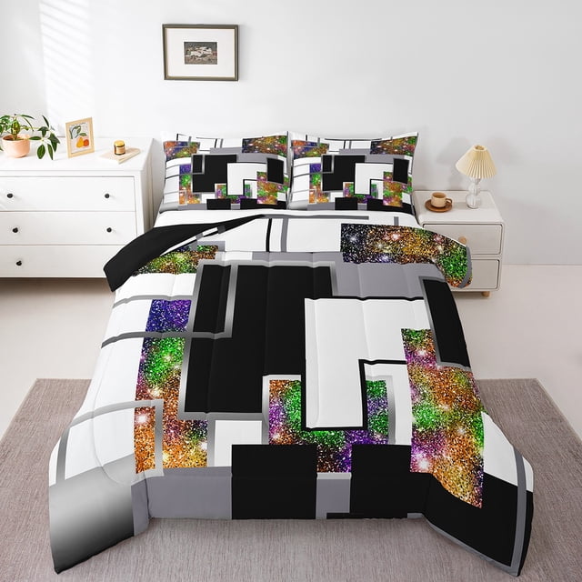 YST Kids Geometric Comforter Set Full Size,Abstract Galaxy Sequins Bedding Set For Girls Boys Buffalo Check Grids Down Comforter Soft Lightweight Quilt Duvet Modern Fashion Room Decor