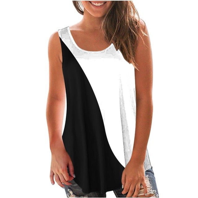 Yuyuzo Débardeurs pour Femmes Été Sans Manches T-Shirt Décontracté Col Rond Chic Color Block Blouse Fluide de Plage