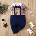 thumbnail image 1 of LSLJS Lapel Gentleman Bowknot Strap Jumpsuit Stitching Plaid Short Sleeve Romper, Baby Romper, 1 of 8