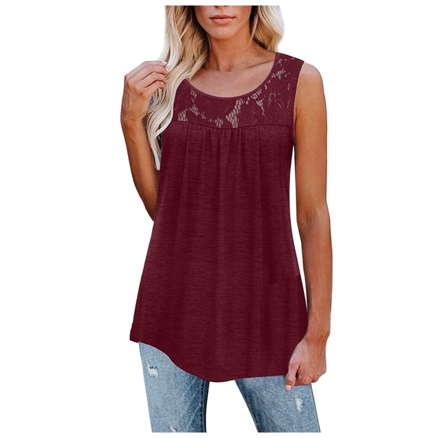 Timegard Camisole pour Femme Grande Taille Col Rond Dentelle Sans Manches Froncée Hauts Décontractés Confortables T-Shirts d'Été