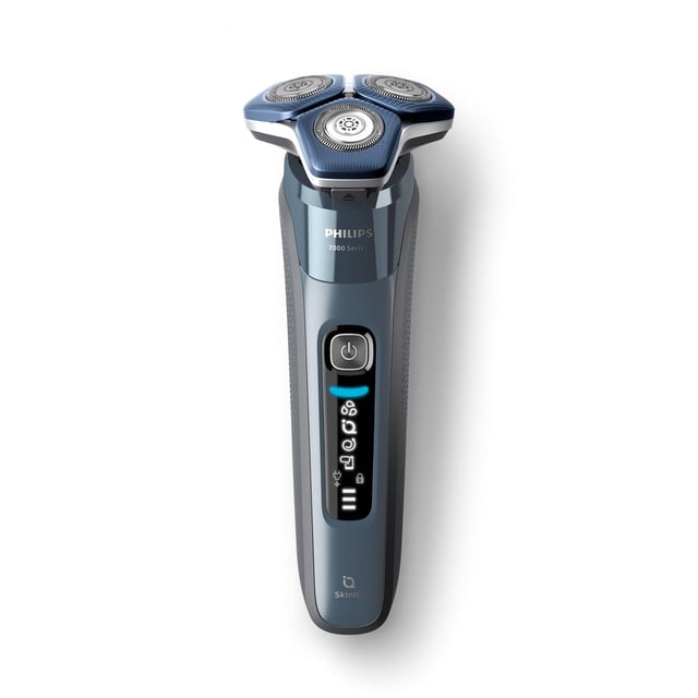 Philips Shaver series 7000 Rasoir Électrique Humide et Sec S7882/50 avec Trois Lames Rotatives Circulaires dans une Tête Triangulaire, Corps Ergonomique Bleu Foncé et Gris avec Affichage Numérique et Bouton d'Alimentation, Équipé de la Technologie SkinIQ pour un Rasage Précis du Contour en conditions Humides Ou Sèches.