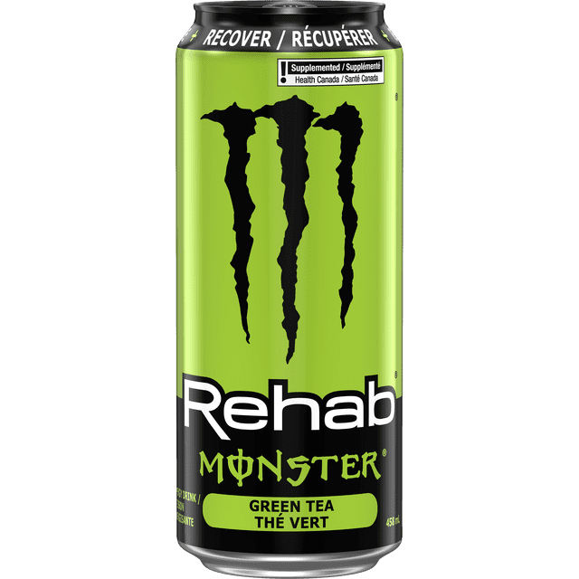 Monster Rehab Green Tea energy drink can with green and black design, featuring the large black claw logo, 'Rehab' in white text, and 'Monster' in green stylized font, labeled non-carbonated with 175mg caffeine and 458 ml volume, bilingual English and French text, suitable for hydration and recovery.