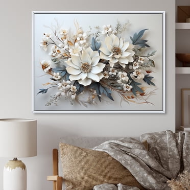 Designart Beige White Framed Wall Art, Seasonal Flowers framed wall Art, Wintery Floral Charm , Seasonal Flowers framed wall art decor, 44x34 inches White Color Frame