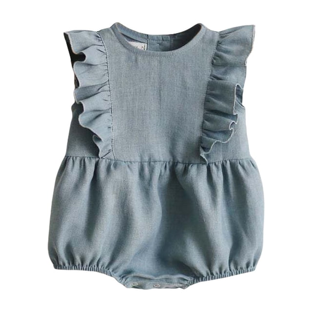 PMVFHDE Combinaison d'Été pour Fille Tout-Petit Bébé Barboteuse d'Été Sans Manches à Volants Col Rond Mignon Combinaison Bébé Douce en Coton Lin Combinaisons pour Filles&One-Pieces Bleu,12-18 Mois
