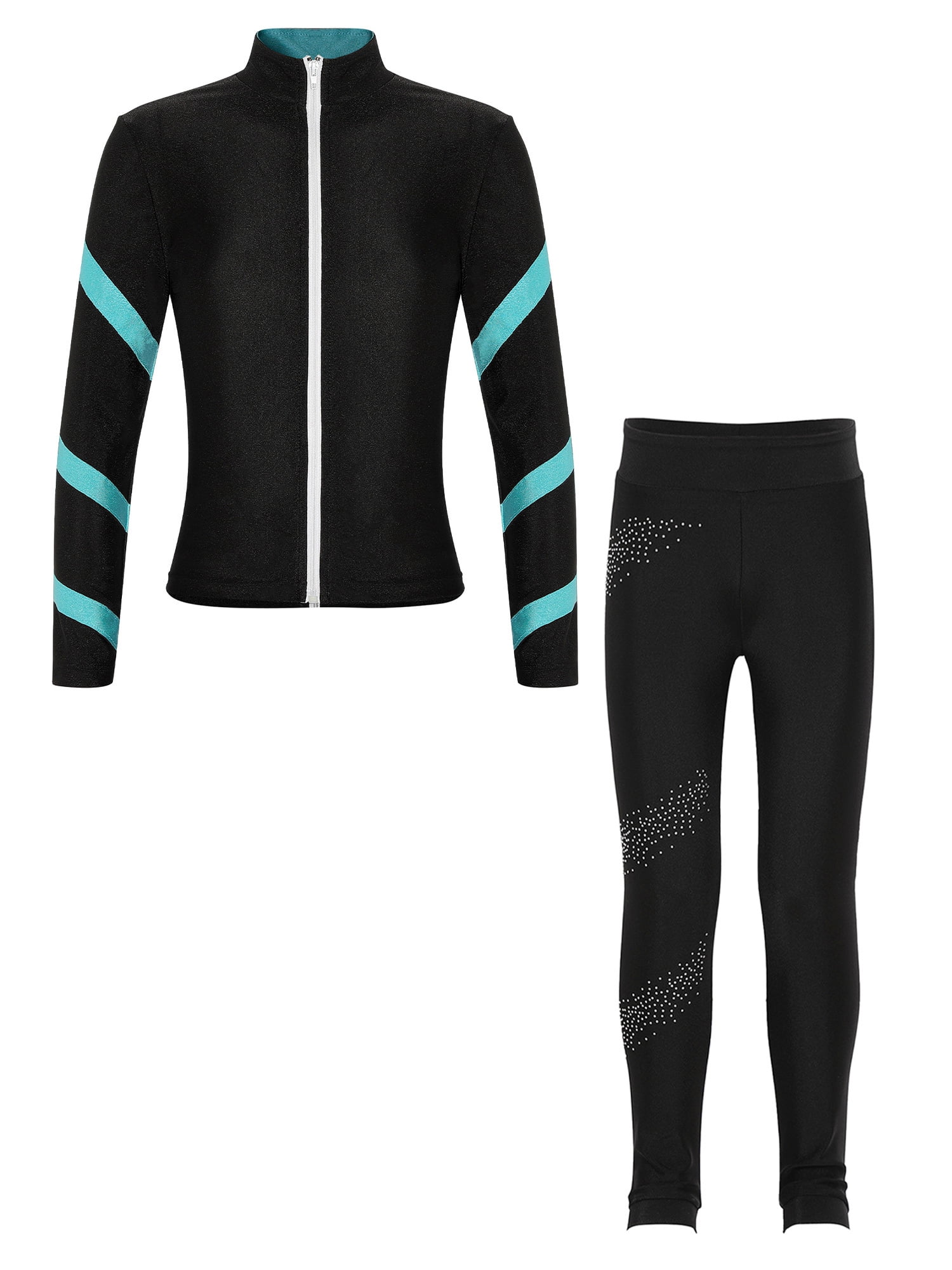 Yeahdor Kids Girls 2 Piece Figure Skating Training Suit Long Sleeve Zipper Jacket And Rhinestone Leggings Set Blue Green 8