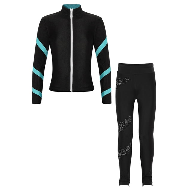Yeahdor Kids Girls 2 Piece Figure Skating Training Suit Long Sleeve Zipper Jacket And Rhinestone Leggings Set Blue Green 10