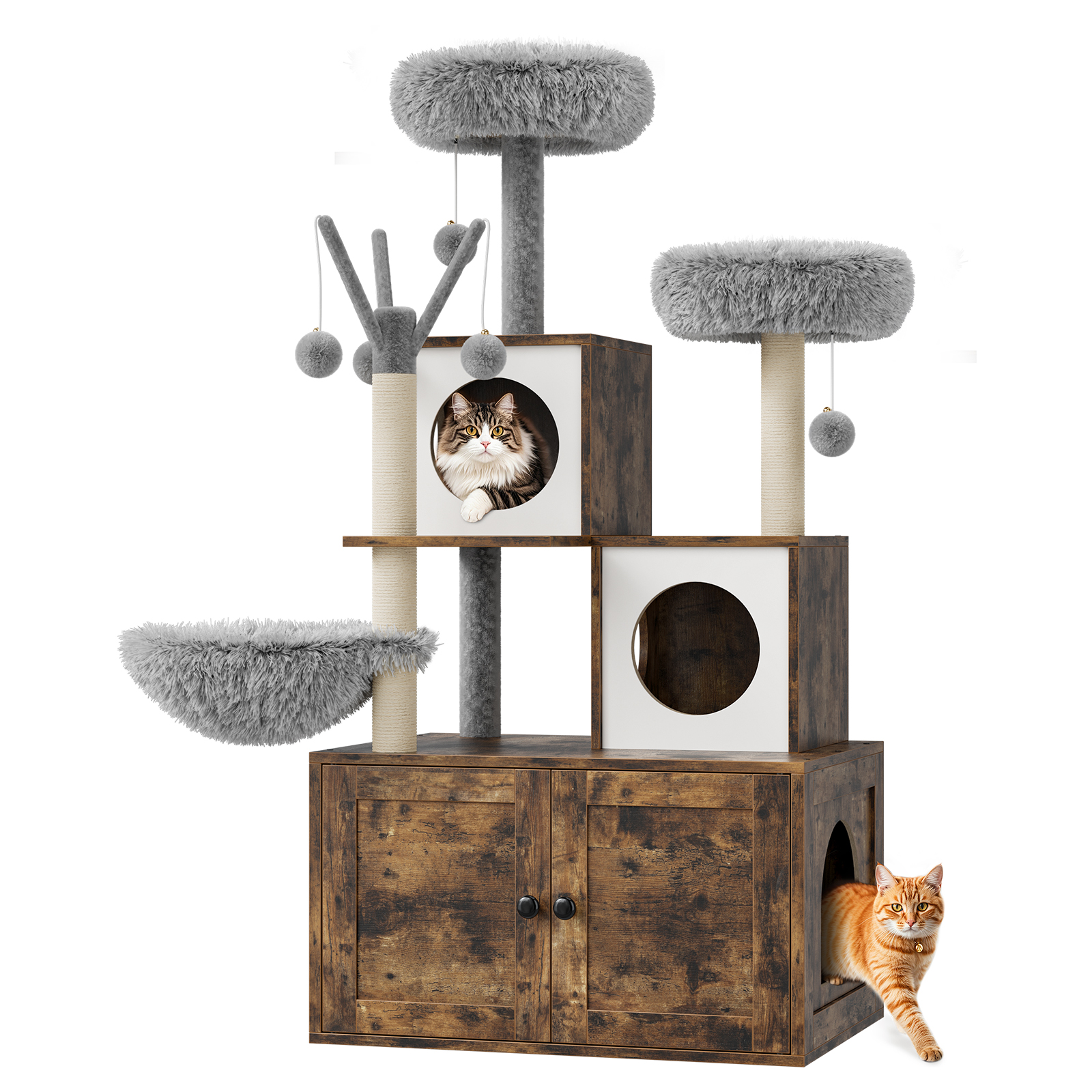 Oak Hidden Cat Litter Box Enclosure Cat Tree Tower, Multi-Level Cat Condo with Plush Perch, Basket, Observation Platforms & Dangling Balls