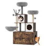 Oak Hidden Cat Litter Box Enclosure Cat Tree Tower, Multi-Level Cat Condo with Plush Perch, Basket, Observation Platforms & Dangling Balls