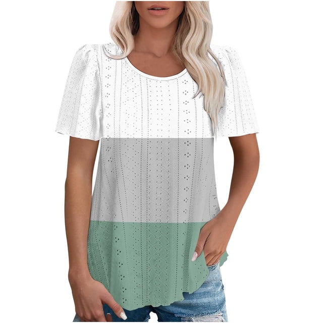Plebaso Hauts pour Femmes Chemises à Œillets Manches Courtes T-Shirts Amples Col Rond Décontracté Blouses Tendance