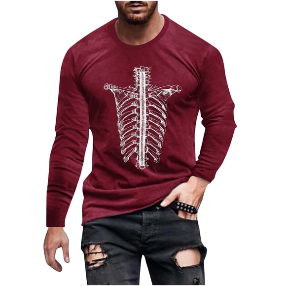 Burgundy Wine Crewneck T Shirts for Mens Summer Fall Long Sleeve Skeleton Print Loose Fit Track Gym Happy Vacation Halloween Casual Jogger Tops Shirt Mens 2025 XL