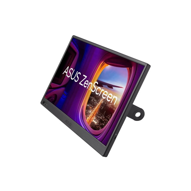 Asus ZenScreen 15.6 inch 1080p IPS LED Monitor in black shown at a 3/4 angle with a vibrant airplane window image on screen, featuring a slim, portable design with USB Type-C connectivity and a rear kickstand with a circular hole for mounting or carrying, suitable for mobile productivity and presentations.