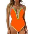 thumbnail image 1 of Summer Savings!Dvprdro Womens Fashion Color Block One Piece Swimsuits Summer Trendy Deep V Neck Mesh Back Tie Bathing Suits with Chest Pad, 1 of 5