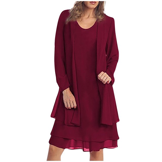 Yuyuzo Ensemble de Robe d'Invitée de Mariage 2 Pcs Tenues Formelles Chiffon Manches Longues Cardigan Ouvert Maxi Robe de Soirée
