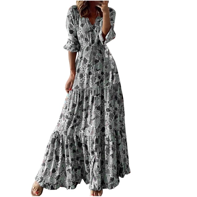 Robes d'Été Grande Taille pour Femmes 2024 à Col en V Imprimé Manches 3/4 Patchwork Robe Longue Décontractée Économisez jusqu'à 65 % de Rabais!