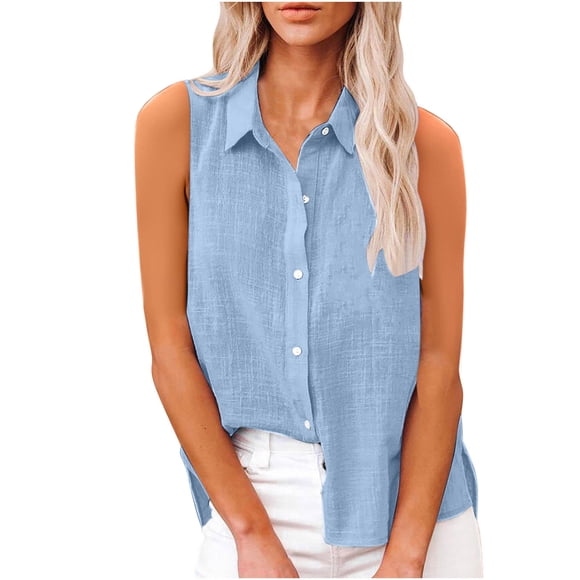 cfhntfmh Women's Sleeveless Button down Shirts Cotton Linen Collared Tops Button up Blouses Work Shirts Casual Summer Tshirt