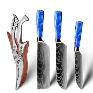 3pcs Couteaux de cuisine avec ciseau lourd Damas Laser Couteau japonais Poignée en résine bleue,5" Couteau Santoku,7" Couteau Santoku 7" Couteau à cleaver