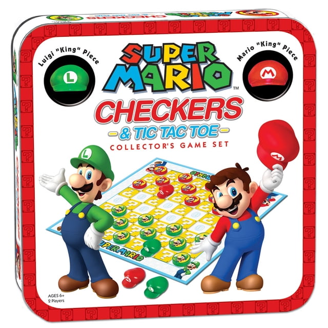 USAopoly CHECKERS & TIC TAC TOE: Super Mario collector's game set in a square tin featuring a colorful board with red and green Mario and Luigi hat-shaped checker pieces for kinging, designed for 2 players aged 6 and up, combining classic checkers and tic tac toe gameplay.