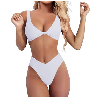 2025 Bikini Set for Women Swimsuit with Shorts Women Solid V Neck Knot Two Piece athletic Swimsuits for Women Front Push Up High Swim Suits for Women 224 Leg Thong Two Piece