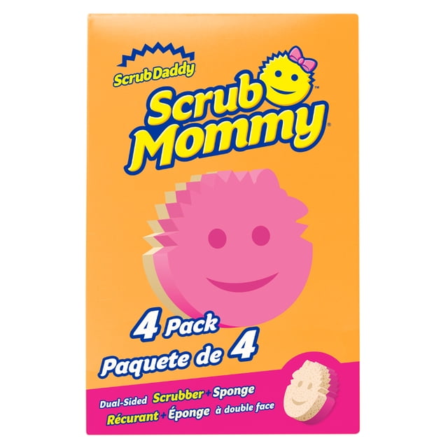 Scrub Daddy Scrub Mommy Non-Scratch Cleaning Sponge 4 Count package showing a pink dual-sided sponge with a smiling face on an orange background, designed for kitchen cleaning tools and household use, featuring bilingual English and French text and highlighting its scrubber and sponge dual function.