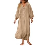 Casual Kaftan Dresses for Women Plus Size Cotton Linen Button Down Dresses Baggy Long Sleeve Casual Dresses Khaki, 3XL