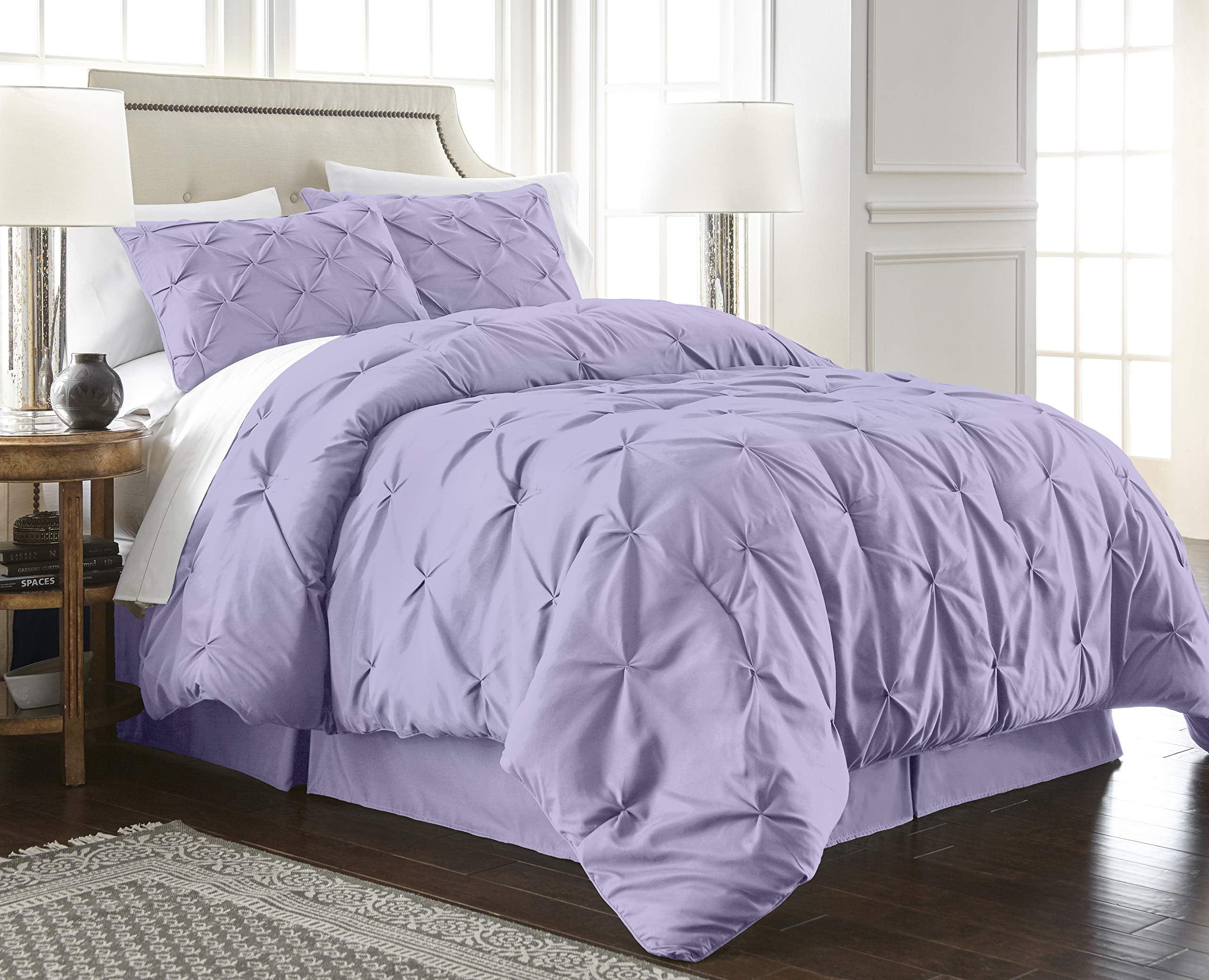 Chezmoi Collection Berlin 3-Piece Pintuck Pinch Pleat Bedding Comforter Set (Full, Lavender)