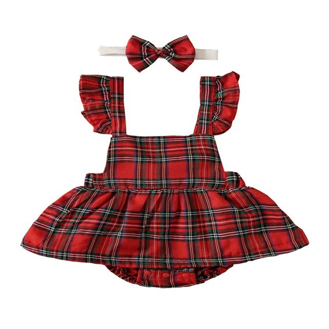 Ensemble Bébé Fille Noël Robe à Carreaux avec Bandeau + Bandeau