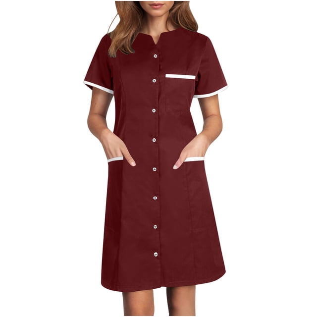 Bocqde Robe de Sarrau Femmes Infirmières Tenue de Travail Robes Manches Courtes Boutonnée Robe de Sarrau avec Poches